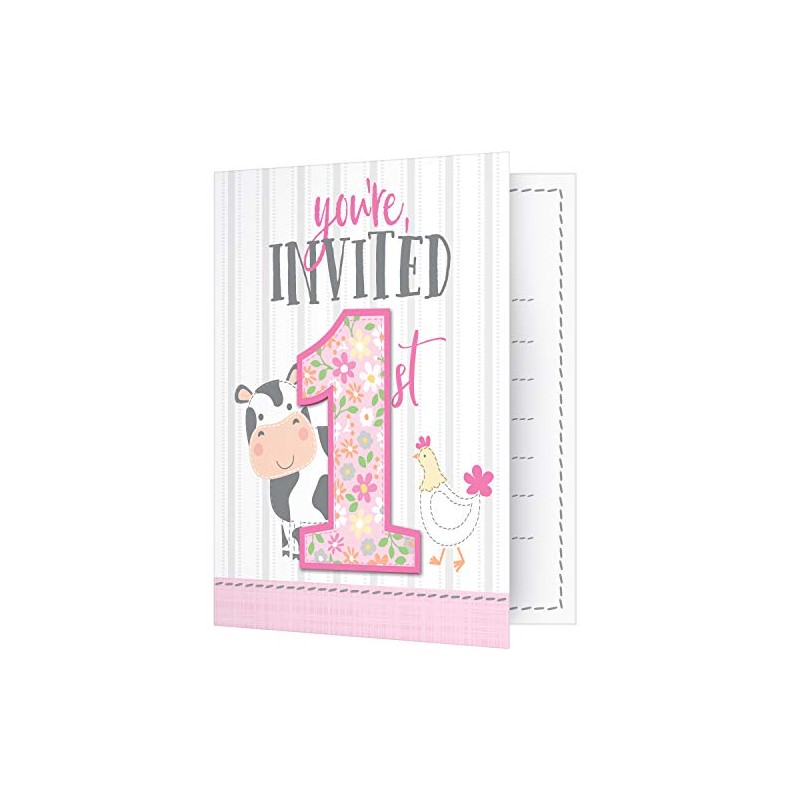 Creative Converting 340137 Barn Animals 1st Birthday Pink Invitation Card