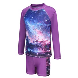 Girls Long Sleeve Rash Guard Swimsuits Kids Two Piece Sunsuits with Swim Trunks Swimwear Set Purple Nebula Size 14/12-14 Years