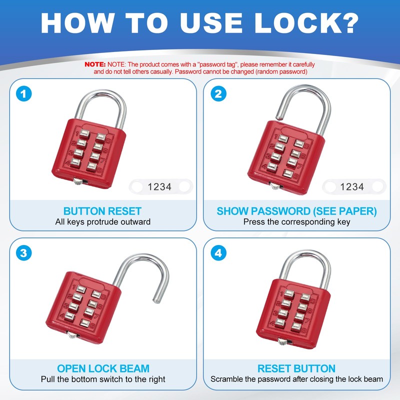 sourcing map Combination Padlock, 8-Digit Push Button Padlock 4-Position Locking