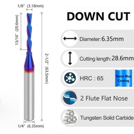 Bestgle 1/4" Shank 2 Flute Down Cut Spiral Flat Nose End Mill CNC Router Bit Nano Blue Coated Carbide Milling Cutter 1/4 x 1/8 x 13/16 x 2-1/2