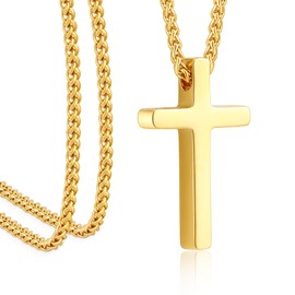 Gold Cross Necklace for Men，Mens Cross Necklaces with 2.5mm Stainless Steel Wheat Chain 18 Inches