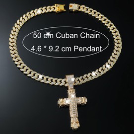 KNITUKL Cuban Link Chain for Men, Miami Mens Chain Silver Gold Plated Bling Necklace Diamond Chain for Men Iced Out Chain Hip Hop Jewelry (Cross-A golden)