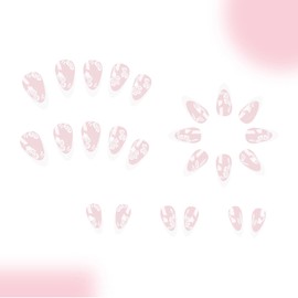 French Tip Press on Nails Short Almond Fake Nails Flower Designs Summer False Nails Nude Pink Full Cover Glossy Stick on Nails Reusable Acrylic Nails for Women 24 Pcs