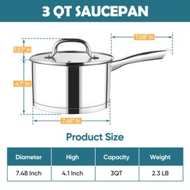 P&P CHEF 3 Quart Saucepan with Lid, Stainless Steel Small Cooking Pot Induction Sauce Pan for Pasta Soup, Ergonomic Handle & Tri-ply Base, Dishwasher Safe