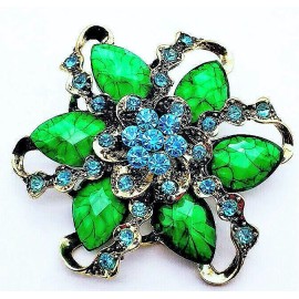 Unbranded Impressive BOLD Green SWIRL 3D Flower Blue Rhinestone Christmas Gift Brooch