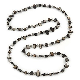 Avalaya Black Shell Nugget and Transparent Glass Crystal Bead Long Necklace/110cm L