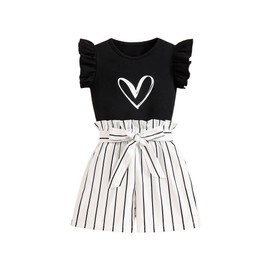 Ecolala Girls' 2 Pieces Outfits Cute Ruffle Sleeve Top and High Waisted Striped Shorts Set Black 11-12Y