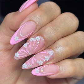 IMSOHOT Butterfly Press on Nails Medium Almond Fake Nails with 3D Pink Flower Designs French Tips Acrylic False Nails Full Cover Spring Cute Glossy Stick on Nails for Women Girls 24Pcs