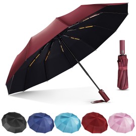 Lychico Umbrella, Windproof Travel Umbrella - Compact Automatic Folding Umbrellas for Rain, 12 Ribs Wind Resistant Portable Umbrellas for Single Hand Use, Small,Light, Strong Backpack Umbrella, Red