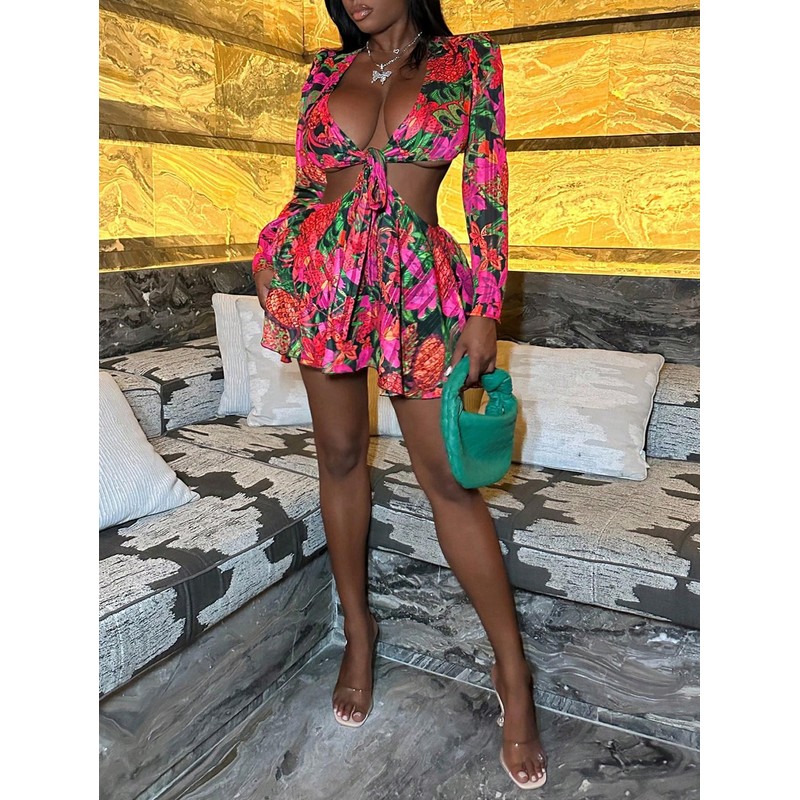 BEAUDRM Women's Sexy Summer Tropical Mini Dress Y2K Deep V