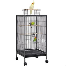 【All Size】Yaheetech 52″ H Large Parrot Cage Rolling Metal Bird Cage for Lovebird Cockatoo Conure with 3 Perches & 4 Feeders & Extra Shelf Portable Moving:_40"H Black