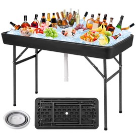 KOTEK Folding Ice Cooler Table with Matching Skirt, Drain Hose & Bucket, Foldable Buffet Beverage Cooler Server, Portable Chill Table for Party, Picnic, BBQ, Camping (Black)