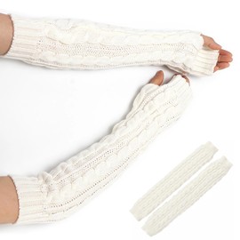 Andiker Women Arm Warmers, Winter Knitted Long Sleeve Fingerless Gloves with Thumb Hole, Mittens Wrist Warmers for Women and Men (White)