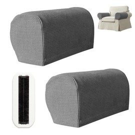 YDAKGUEY Armrest Chair Covers, Set of 2 Stretch Armrest Chair Covers with Sticky Brush, Soft Polyester Non-Slip Armchair Sofa Slipcover for Sofa Chair Couch Recliner (Light Grey)