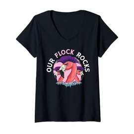Womens Our Flock Rocks Flamingo Whisperer Pink Feather Bird V-Neck T-Shirt