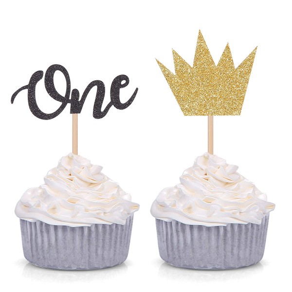 24 piezas de decoración para cupcakes Wild One – Decoración de fiesta de primer cumpleaños – corona dorada y negro
