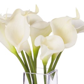 ENOVA HOME Artificial Cream Real Touch Calla Lily Flower Arrangement in Clear Glass Vase with Faux Water for Home Wedding Decor