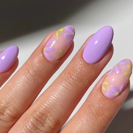 BABALAL Purple Press on Nails Medium Almond Fake Nails Lavender Flower Glue on Summer 24Pcs Stiletto False Acrylic Nails Supplies Art Diy Manicure Stick on for Women Grils