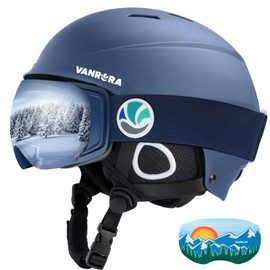 VANRORA Ski Helmet and Goggles Set, Navy Blue M/Grey Lens Silver Coating