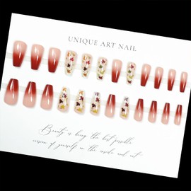 Vopintpy Fall Press on Nails Maple Leaf Sequins Fake Nails Thanksgiving Gradient Long Coffin Nail Glossy Autumn Maple Leaves Acrylic Glue on Nail for Women DIY Manicure