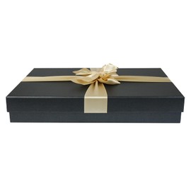 Emartbuy Rigid Gift Box, 30.5 x 23 x 5 cm, Black Box with Lid and Gold Satin Ribbon and 50g Shredded Paper in Black