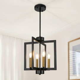 4-Light Black and Gold Chandelier For Dining Room, Modern Farmhouse Chandelier For Foyer, Geometric Pendant Light Fixture Kitchen Island, Industrial Candle Chandelier For Kitchen, Bedroom, Stairway