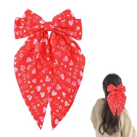Love Heart Print Ribbon Hair Bows Girls Oversize Satin bowknot Hair Accessories for Women Long Tail Ribbon Bow Clip Birthday Accessories for Girls Red Heart Pattern Bow Clips