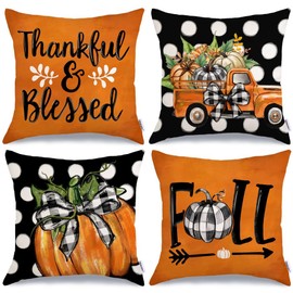 GEEORY Fall Pillow Covers 20 x 20 Inch Set of 4, Polka Dots Buffalo Bow-Knot Pumpkins Truck Thankful Thanksgiving Decor Decorative Throw Cushion Cases Decoration for Home Sofa Couch (Black) G405-20