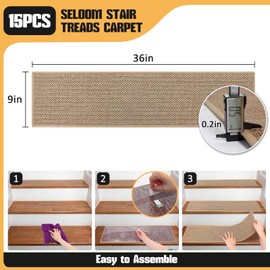 Seloom 9" x36" Stair Treads Non Slip Carpet for Wooden Steps Indoor, Peel and Stick Extra Wide Stair Tread Step Pads with Reusable Adhesive for Dogs Kids Elders, Machine Washable, 15 Pack, Beige