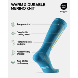 DANISH ENURANCE Merino Wool Performance Ski Socks for Men, Women & Kids, Blue/Yellow, US Women 8-10 // US Men 6.5-8.5