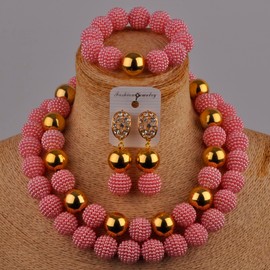 Aczuv - Juego de joyería de boda nigeriana con cuentas africanas rojas, para mujeres, con perlas de imitación, collar y aretes 18 inches necklace 8 inches bracelet Rosado
