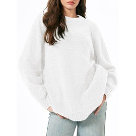 Saodimallsu Womens Oversized Sweater 2024 Fall Trendy Fuzzy Crew Neck Long Sleeve Casual Tunic Sweaters White