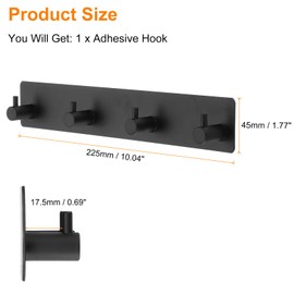 HARFINGTON Self Adhesive Hook Waterproof Stainless Steel Coat Shower Robe Towel Rack Wall Hooks Adhesive Wall Hangers with 4 Hooks No Drill for Bathroom Kitchen Washroom Door, Black
