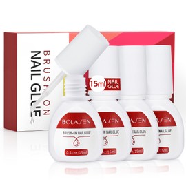 BOLASEN Nail Glue for Artificial Nails, Extra Strong, 4 x 15 ml Nail Glue Extra Strong Nail Glue for Tips, Quick-Drying Nail Glue Liquid Strong, Tip Glue for Gel Nails, Glue for Nails, for Home/Salon
