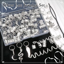 VENOFEN 122PCS Silver Hair Jewelry Snake Loc Charms Braids Clips Multi Style Hair Cuffs Rings Metal Dreadlock Beads Accessories Decoration for Women and Men
