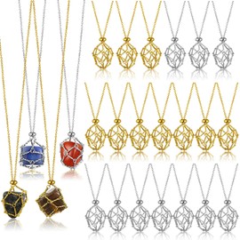 Landical 24 Pieces Stainless Steel Crystal Cage Necklace Adjustable Metal Crystal Holder Necklace Interchangeable Gemstone Jewelry Metal Empty Pendant Net for Women Men (Silver,Gold)