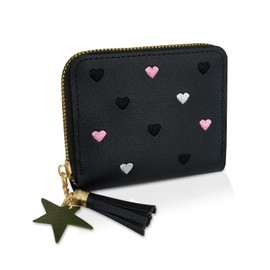 WisePoint Ladies Purse Wallet, PU Leather Purse with Card Slots and Compartments, Solid Color Wallet with Embroidery Heart Pattern and Zipper, Lady Credit Card Holder with Star Pendant (Black)