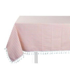 Fennco Styles Gingham Check Tassel Cotton Blend 55 x 80 Inch Tablecloth - Pink Table Cover for Banquets, Holiday, Special Events, Outdoor and Home Décor