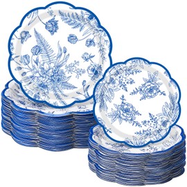 Mumufy 100 Pack Wild Floral Paper Plates Flower Dinner Decoration 9" & 7" Disposable Watercolor Dessert Plates for Wedding Birthday Baby Shower Bridal Tea Party Supplies(Blue Flowers)