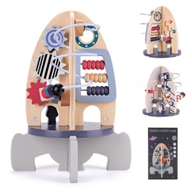 Wdmiya Space Wooden Activity Cube Toys for Baby, Montessoritoys for 1 Year Old Boy & Girl Birthday Gifts, Sensory and Educational 1st Birthday Gifts, Busy Board Toys for Baby Boy 6-18 Months (Rocket)