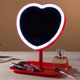 Espejo de tocador, espejo de maquillaje en forma de corazón con atenuación de tres niveles y luces LED para niñas y estudiantes (rojo)