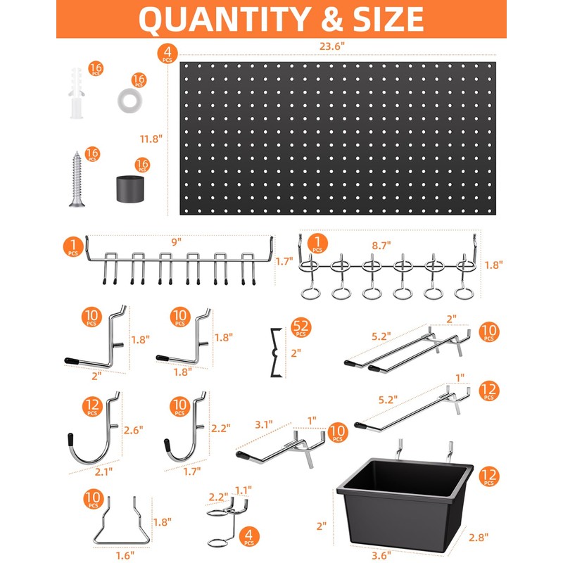 INCLY 158PCS Metal Pegboard Wall Organizer, 48x24 Inch Black Pegboard