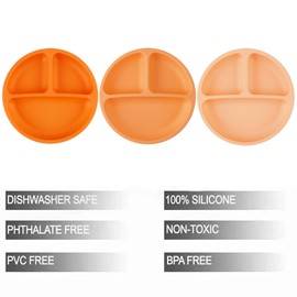 PandaEar 3 Pack Toddler Plates, Silicone Divided Suction Plate for Babies, BPA-Free 100% Food-Grade Silicone Unbreakable Baby Plate (Orange)