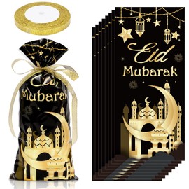 Whaline Whaline 100Pcs Eid Mubarak Cellophane Treat Bags with Ribbon Ramadan Plastic Gift Bags Black Gold Candy Goodie Bags for Islamic Holiday Birthday Party Supplies