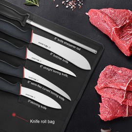 HALSENX 6PCS Professional Butcher Knife Set - 1.4116 German Steel & Softgrip, 8" Butcher, 6" Semi-Flex/Stiff Boning, 5" Skinning, 8" Sharpener Rod & Knife Roll Bag for Home Kitchen, Camping, Hunting