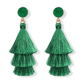 FIBO STEEL Green Tassel Earrings for Women Layered Bohemian Earrings, Big Statement Tiered Fringe Drop Dangle Earrings Christmas Valentine Earrings Party Jewelry Gift