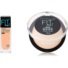 Maybelline Base de Maquillaje Fit Me Matte, 128 Warm Nude + Super Natural Polvo Compacto Matte, 220 Nat Beige, 12 gr