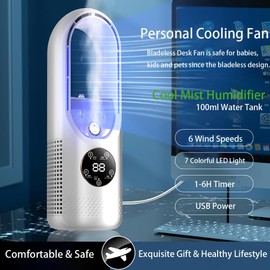 Desk Bladeless Fan with Humidifier, Portable Small USB Desk Cooling Misting Fan for Sleep with 6 Speeds, Quiet Bedside Fan for Bedroom with Timer and LED Light, Mini Table Fan for Home Office Desktop
