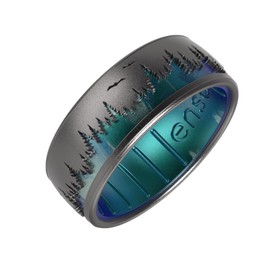 Enso Rings Etched Classic Silicone Rings - Comfortable and Flexible Design - 8mm Wide, 2.16 Thick - Woodland - Platinum/Forest - Size 14