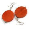 30mm Antique Orange Painted Wood Coin Drop Earrings - 60mm